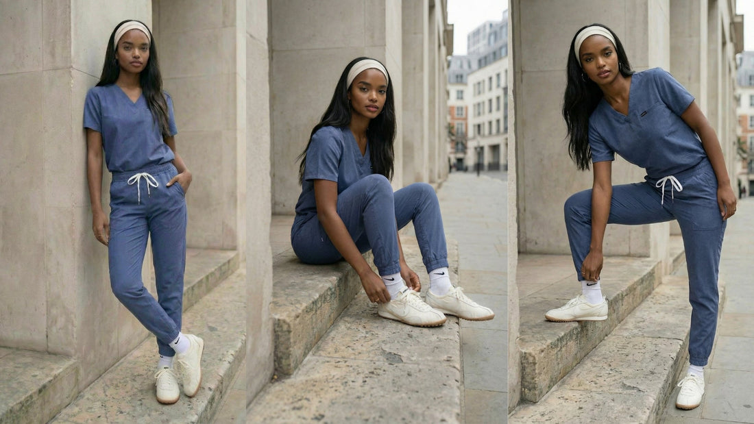 Model posing in fashionable blue Medlux scrubs on the street