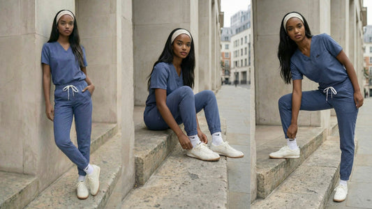 Model posing in fashionable blue Medlux scrubs on the street